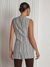 COSMINA 2pcs/Set Women's Front Button Business Casual Work Sleeveless Striped Blouse And Mini Skirt Blazer Set